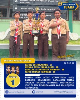 Selamat kepada tim 2 komunikasi lapangan putra sebagai juara 1 pada Aero Scout Competition (ASC) kategori komunikasi lapangan putra tingkat Daerah Istimewa Yogyakarta tahun 2026.