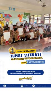 SMP Negeri 15 Yogyakarta kembali menggelar kegiatan Jumat Karakter - Jumat Literasi dengan tema “Remaja Berpikir Kritis, Kota Jadi Dinamis”. Pada Jumat Literasi kali ini, seluruh murid kelas VII, VIII, dan IX mengikuti kegiatan membaca dan menulis reflektif dengan topik pandangan atau tanggapan terhadap kebijakan MasJOS (Masyarakat Jogja Olah Sampah). Melalui kegiatan ini, diharapkan para remaja SMPN 15 dapat berpikir kritis, berani menyuarakan gagasan secara santun, serta menumbuhkan kepedulian terhadap dinamika kota Jogja. Dengan bimbingan wali kelas, kegiatan ini menjadi langkah nyata membentuk generasi muda yang literat, berkarakter, dan siap berperan aktif dalam kehidupan masyarakat. #MasJOS #smpn15yk