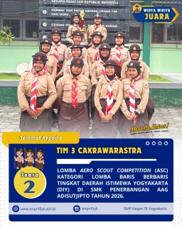 Selamat kepada tim 3 cakrawarastra sebagai juara 2 kategori Lomba Baris Berbaris (LBB) pada Aero Scout Competition (ASC) tingkat Daerah Istimewa Yogyakarta tahun 2026.