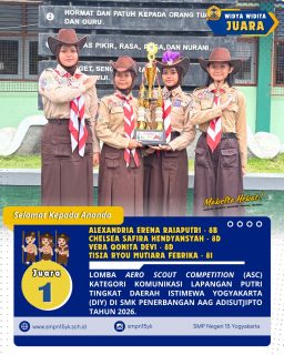 Selamat kepada tim 1 komunikasi lapangan putri sebagai juara 1 pada Aero Scout Competition (ASC) kategori komunikasi lapangan putri tingkat Daerah Istimewa Yogyakarta tahun 2026.