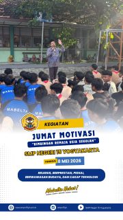 Seluruh murid kelas VII dan VIII didampingi wali kelas berkumpul di lapangan SMP Negeri 15 Yogyakarta untuk mengikuti kegiatan Jumat Motivasi bersama KUA Danurejan yang mengusung tema "Bimbingan Remaja Usia Sekolah". 
Mari cegah pernikahan dini!