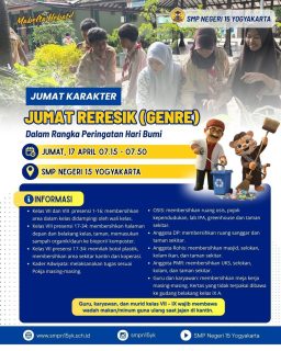 JUMAT KARAKTER
Jumat Reresik (GENRE)

Dalam rangka memperingati Hari Bumi, seluruh warga sekolah bersama-sama melaksanakan kegiatan Jumat Reresik sebagai wujud nyata kepedulian terhadap lingkungan.

Kegiatan ini tidak hanya menjaga kebersihan, tetapi juga menanamkan nilai karakter cinta lingkungan, tanggung jawab, dan gotong royong sejak dini.