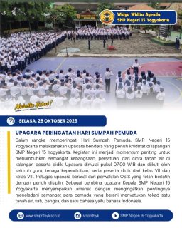 Semangat sumpah pemuda menegalir di setiapa langkah siswa SMP Negeri 15 Yogyakarta. Bersatu, berjuang, dan berkarya untuk Indonesia. 

#mabeltahebat 
#smpn15yk 
#sumpahpemuda