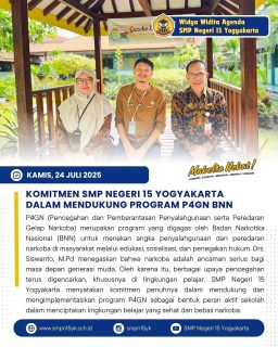 SMP Negeri 15 Yogyakarta menyatakan komitmen penuhnya dalam mendukung dan mengimplementasikan program P4GN sebagai bentuk peran aktif sekolah dalam menciptakan lingkungan belajar yang sehat dan bebas narkoba.