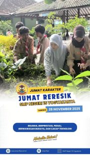 SMPN 15 Yogyakarta melaksanakan kegiatan Jumat Reresik. Seluruh warga sekolah, mulai dari siswa, guru, hingga karyawan, bergotong-royong membersihkan lingkungan sekolah, termasuk ruang kelas, selasar, taman, dan area sekitar sekolah. Kegiatan ini bertujuan menciptakan suasana belajar yang nyaman, tertib, dan kondusif untuk mempersiapkan pelaksanaan Asesmen Sumatif Akhir Semester agar dapat berjalan lancar. Melalui Jumat Reresik, terbentuk pula rasa peduli, tanggung jawab, dan kebersamaan di lingkungan SMPN 15 Yogyakarta.