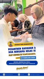 PESANTREN RAMADAN 1447 HIJRIAH DAN DOA BERSAMA JELANG TKA-TKAD KELAS IX TAHUN 2026

Alhamdulillah, di bulan suci yang penuh berkah ini, murid kelas IX telah mengikuti kegiatan Pesantren Ramadan yang dilaksanakan pada Jumat, 27 Februari 2026 pukul 14.00–20.00 WIB di Masjid Ashabul Kahfi bersama Ust. Purwanto, S.Ag. Kegiatan ini menjadi momen istimewa untuk memperkuat iman dan takwa melalui motivasi dan doa bersama orang tua menjelang TKA/TKAD, tadarus Al-Qur’an, kajian kultum, buka puasa bersama, kegiatan social worker, hingga salat tarawih berjamaah.

Semoga setiap rangkaian acara membawa keberkahan, menumbuhkan semangat belajar, serta menguatkan mental dan spiritual seluruh murid. Semoga pelaksanaan TKA–TKAD Kelas IX diberikan kelancaran, kemudahan, kesehatan, serta hasil yang terbaik dan membanggakan. Aamiin ya Rabbal ‘alamin 🤲✨