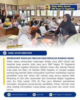 Worshop sekolah inklusi dan sekolah ramah anak oleh Ibu Rizqi Lestari, S.Pd., M.Pd dari Universitas Negeri Yogyakarta. 

#sekolahramahanak 
#smpn15yk 
#mabeltahebat