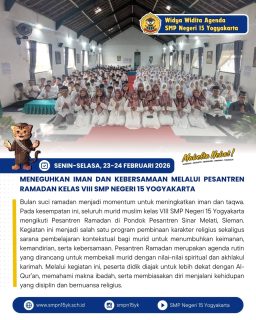 Ramadan menejadi momentum untuk lebih dekat dengan Allah. Taatlah beribadah dan banyak-banyak berbuat amal kebaikan. Seperti halnya dengan Pesantren Ramadan yang diikuti murid kelas VIII untuk mendapatkan pahala ilahi.