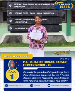 Selamat kepada ananda R.A. Elizabeth Kirana Hapsari Purwaningrum dari kelas 9H atas prestasinya sebagai juara 1 dalam kompetisi Perpani Bow kategori beregu putri pada kejuaraan Kompetisi Daerah I tingkat Daerah Istimewa Yogyakarta yang diadakan oleh Pengurus Daerah (Pengda) Perpani DIY pada tahun 2025.