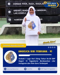 Selamat kepada ananda Angelica Riri Febriana dari kelas 9J atas prestasinya sebagai terbaik 1 logo Hari Ulang Tahun ke-50 SMP Negeri 15 Yogyakarta pada tahun 2025.