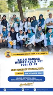 Bapak ibu guru SMPN 15 Yogyakarta turut memeriahkan perayaan Hari Ulang Tahun PGRI dengan kegiatan jalan gembira. Rute yang ditempuh dimulai dari Dinas Pendidikan Kota Yogyakarta, melewati kawasan Malioboro yang ramai dan penuh semangat, kemudian kembali lagi ke Dinas Pendidikan. Seluruh peserta tampak antusias mengikuti kegiatan ini sebagai wujud kebersamaan dan penghargaan terhadap peran guru dalam dunia pendidikan.