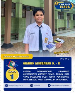 Selamat kepada ananda Qianno Aldebaran Dekanaro dari kelas 7I sebagai juara 1 dalam lomba International Kangaroo Mathematics (IKMC) tahun 2026.